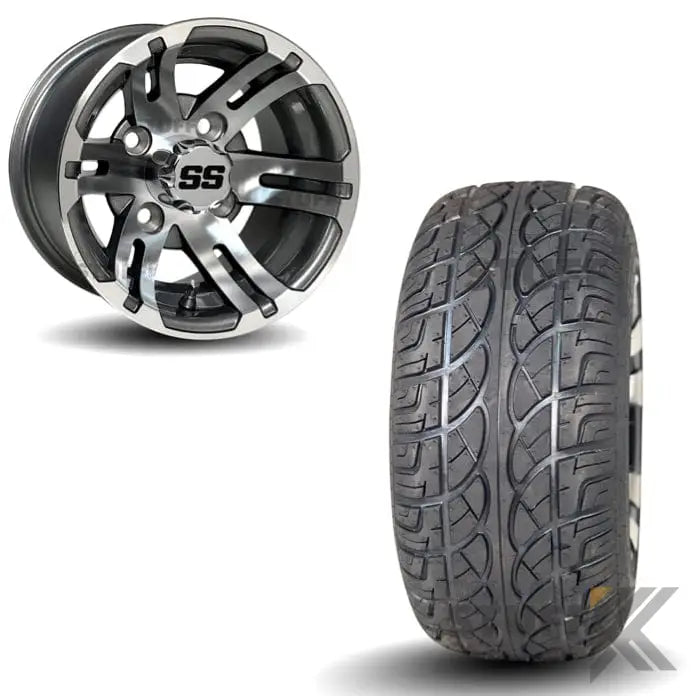 10" Bulldog Gunmetal/Machined Aluminum Golf Cart Wheels Golf Cart Tires Combo Kryptex Golf Carts