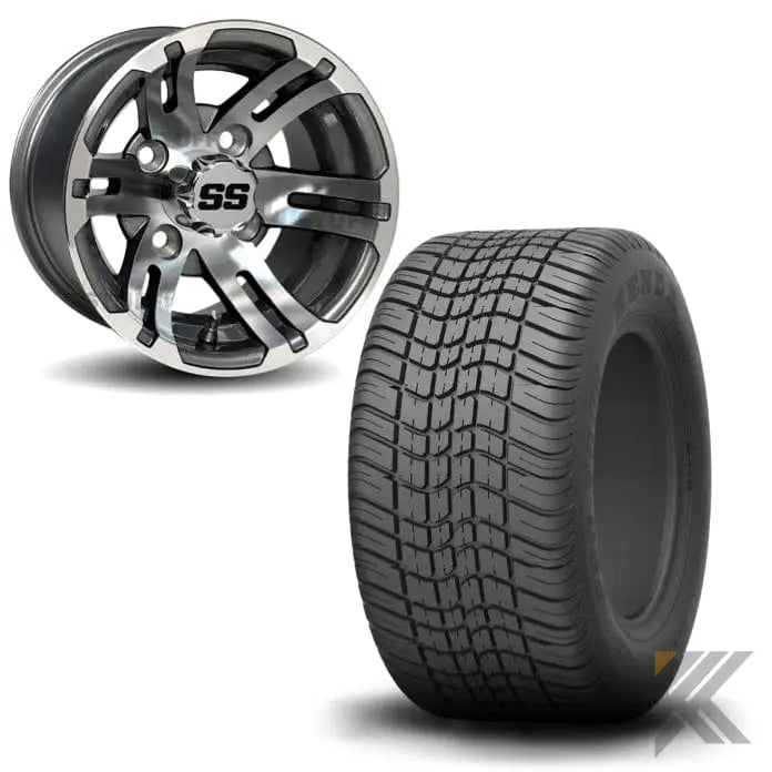 10" Bulldog Gunmetal/Machined Aluminum Golf Cart Wheels Golf Cart Tires Combo Kryptex Golf Carts