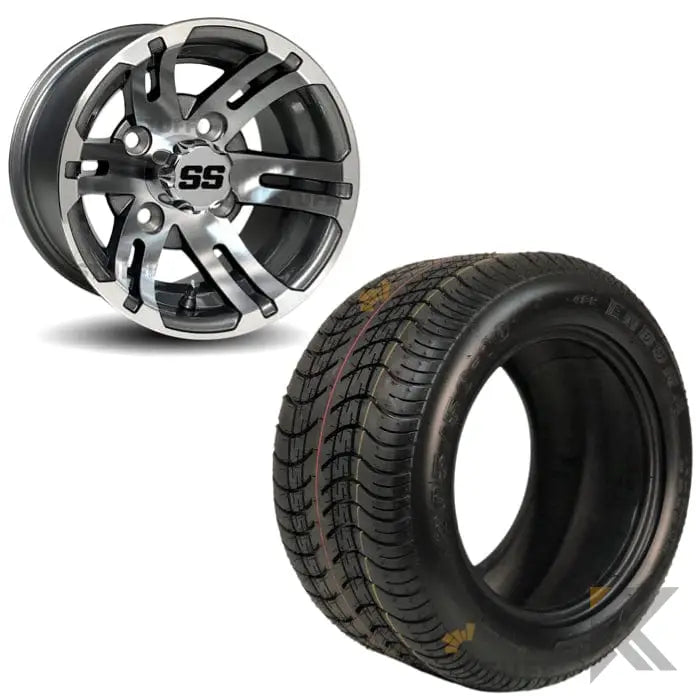 10" Bulldog Gunmetal/Machined Aluminum Golf Cart Wheels Golf Cart Tires Combo Kryptex Golf Carts