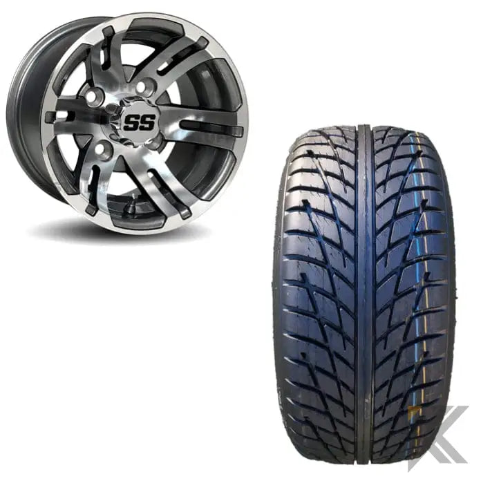10" Bulldog Gunmetal/Machined Aluminum Golf Cart Wheels Golf Cart Tires Combo Kryptex Golf Carts