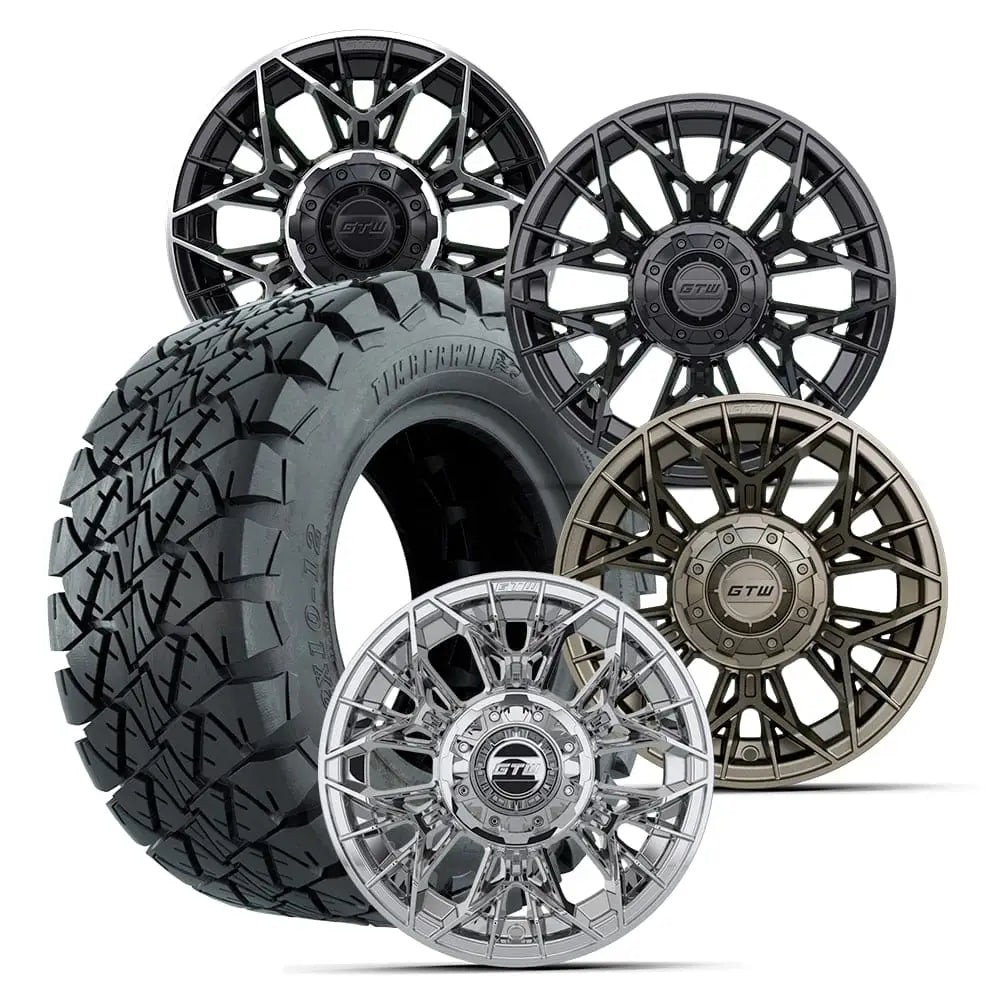 12" GTW Stellar Wheels with Timberwolf 22x10-12 All Terrain Tires Kryptex Golf Carts