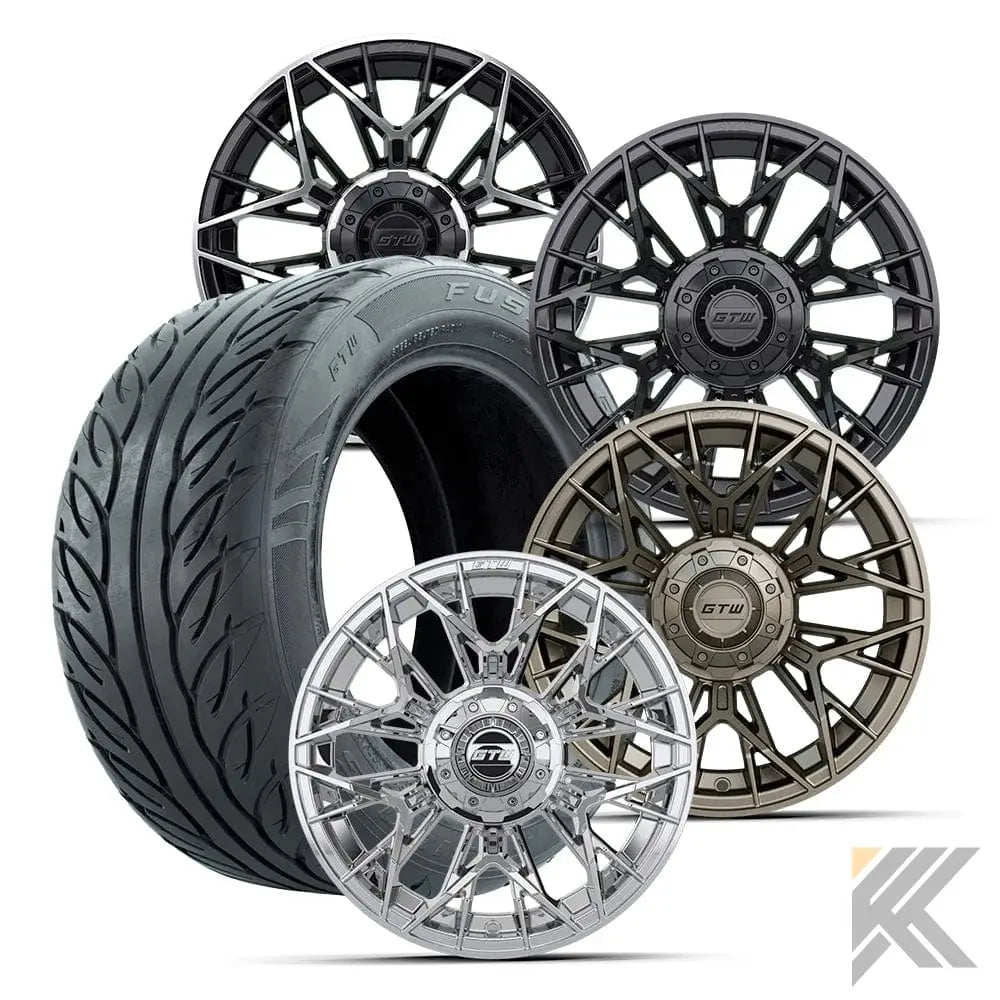 14" GTW® Stellar Wheels with Fusion GTR 255/45R14 DOT Tires - Set of 4 - Select Your Finish Kryptex Golf Carts